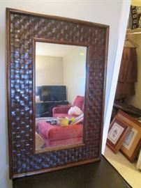 leather and wood mirror - basket weave