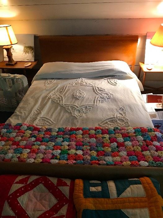 Chenille bedding and vintage Yoyo quilt