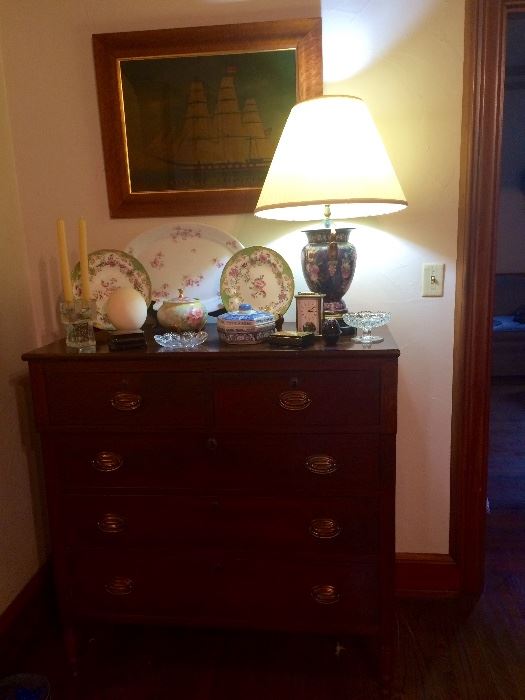 Beautiful five drawer antique mahogany chest, with pair of Minton plates and more collectibles.