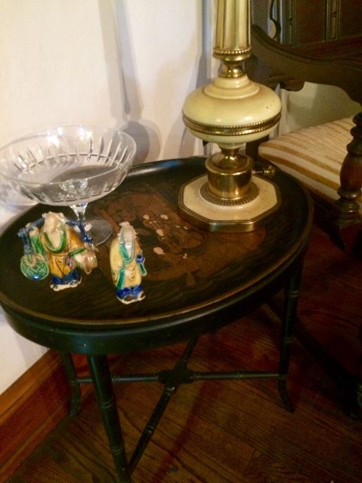 An up close view of my favorite little tray table, Chinese glazed pieces, and a vintage Stiffle lamp