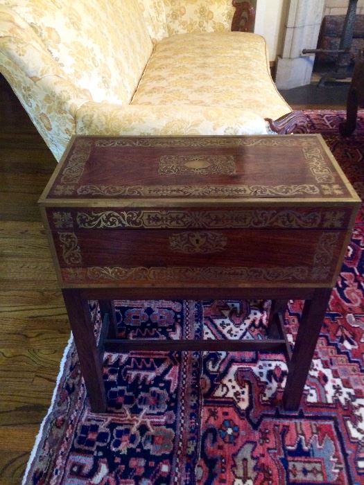 One of my favorite pieces, this slanted writing box married to a solid base creates the perfect end table
