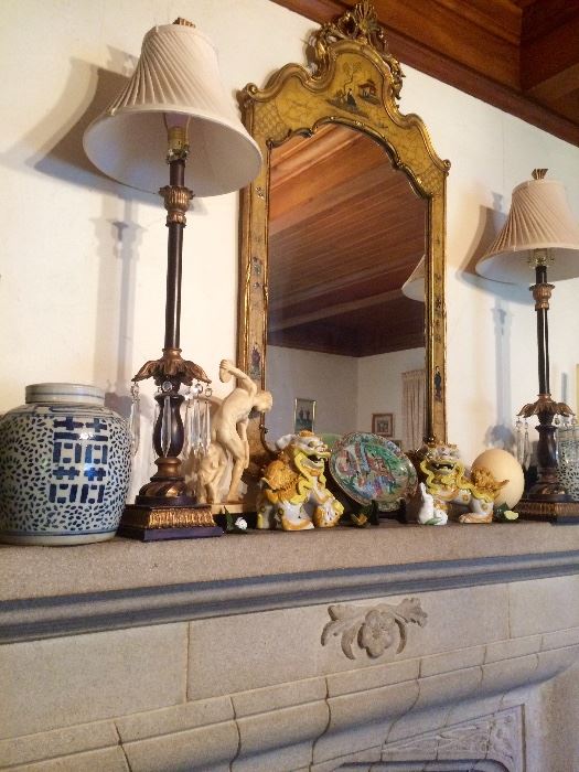 A few more of my favorites...these cheerful yellow and gold Foo Dogs, buffet lamps with chandelier accents, and the perfect Chinoiserie mirror