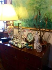 Notice how I accidently took a bad photo of this three drawer vintage Hendredon chest..it's not because I want it for myself! Still, this is a lovely etched wine decanter with four matching stems, more great porcelains, a Maitland Smith lacquered box and the very best Margaret Berg painting I've ever seen!