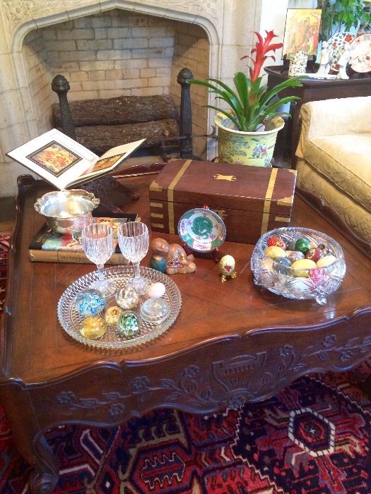Gorgeous and stately square Baker mahogany coffe table with another antique writing box, marble eggs and even more crystal...sorry, the andirons stay with the house!
