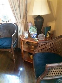 Vintage cane and bamboo barrel chairs...with amazing caning...that little brown and white urn hiding in the back is only one of the many pieces of fantastic Italian glazed ceramics offered at this sale.