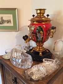 I keep reimagining this hand painted glazed and brass Russian samovar as a lamp, it is absolutely gorgeous from every side!