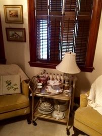 Vintage tea cart with a nicely priced pair of Henrednon barrel chairs, plus more china!