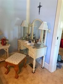 another view of the ladies dressing table with tri-fold mirror. a good look at the pine stool with ornate claw feet.