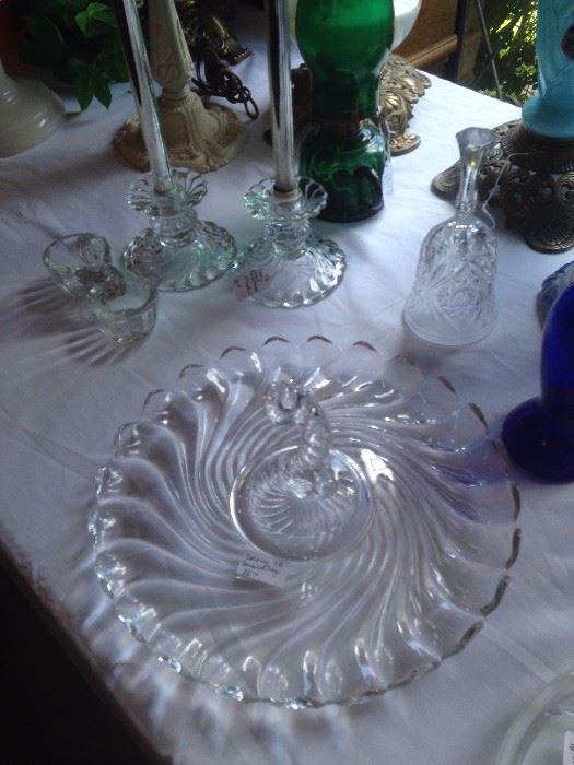 Lovely Fostoria Colony candle holders and platter
