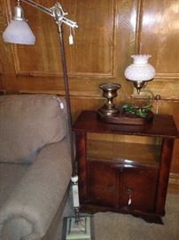 Antique end table; antique floor and table lamps