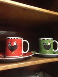 Two of four rooster coffee and dessert sets