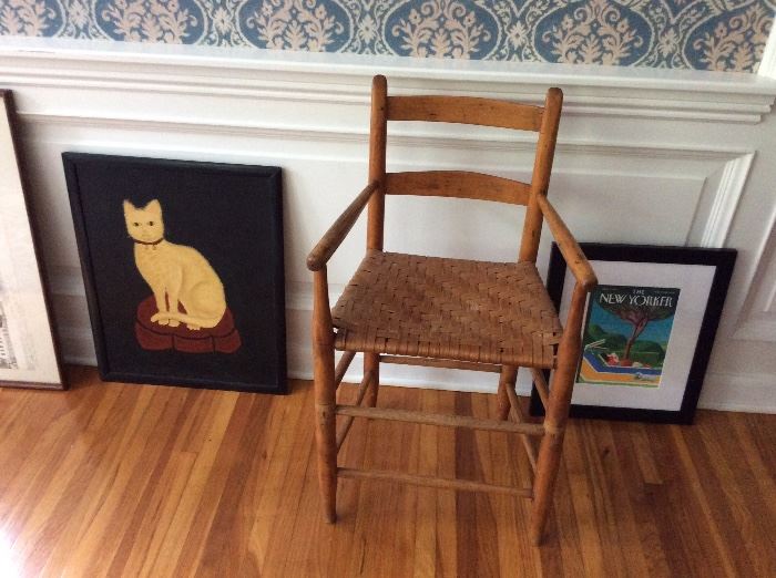 Shaker child's chair. Folk art Cat painting.
