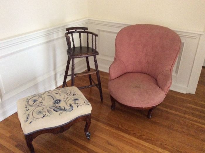 Hand crewel work antique footstool, antique high chair and Georgian side chair.