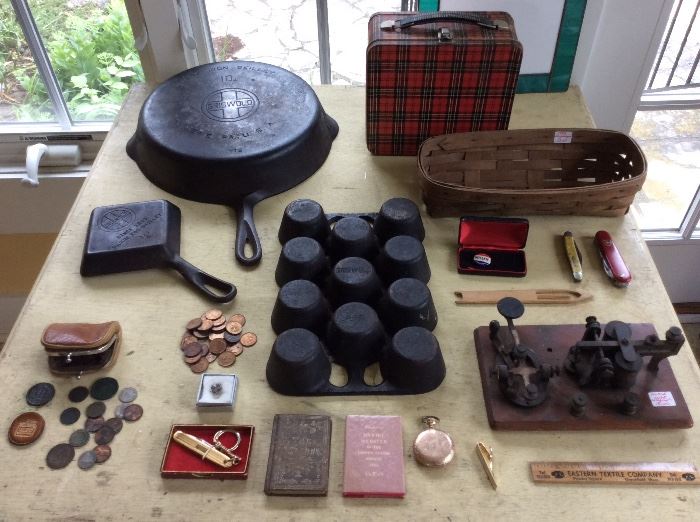 Griswold cast iron, interesting smalls, Indian Head pennies and old large cent coins.