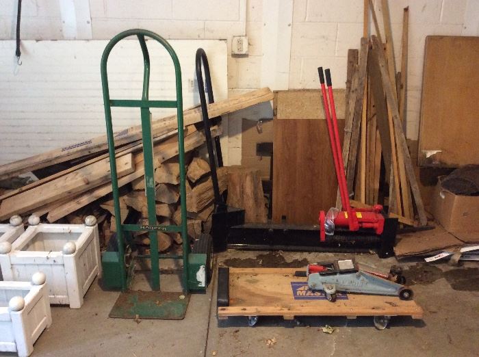 Log splitter, two wheel cart, floor lift and other garage misc.