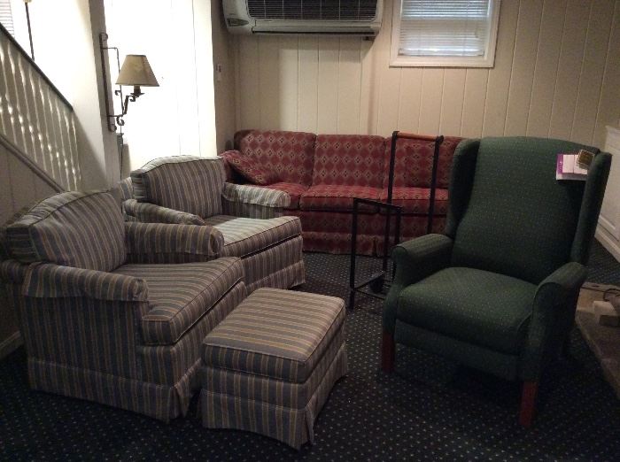 Lazy Boy recliner as new w/tags, matching rocking side chairs with ottoman, Ethan Allen sofa barely used, firewood roller.