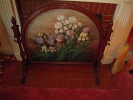 Carved walnut fire screen with oil painting