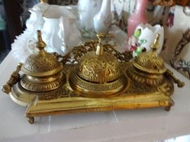 BRASS DESK SET, ALSO STAMP HOLDER