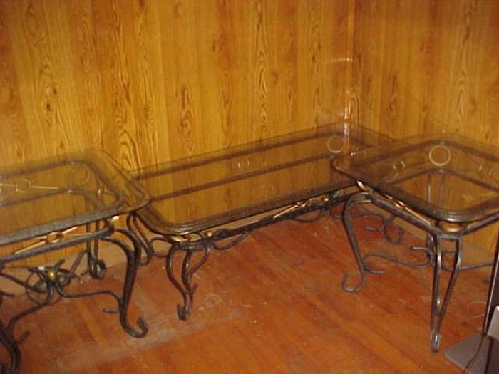 Iron Coffee Table & 2 End Tables w/Glass Tops