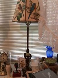 Antique lamp with vintage shade & onyx ball in center.
