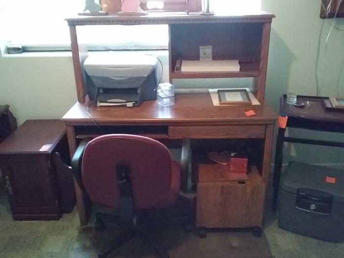 Desk, desk chair, office supplies