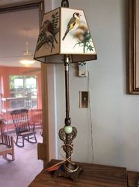 Antique Lamp with onyx ball in center. Birds shade. 