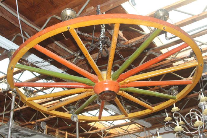 Giant wagon wheel chandelier from the Oxnard Wagon Wheel Bowling Alley
