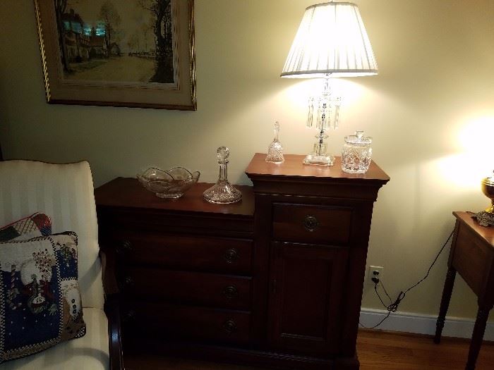 Chest with antique glass and Crystal lamp