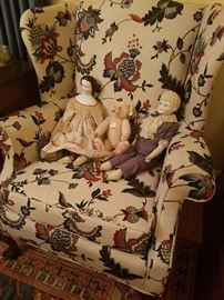 Antique China head dolls and Steiff Dickie Teddy Bear