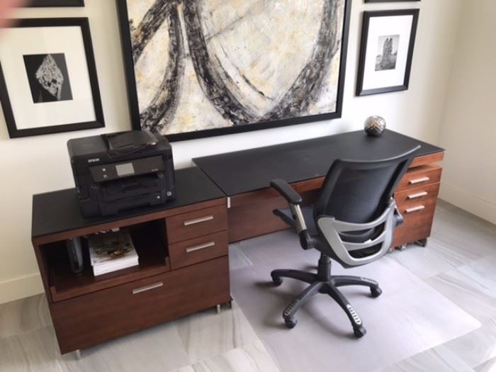 Office Desk - Smoked glass top.  Desk, printer stand and file shelves are 3 separate pieces that combine to one unit.  