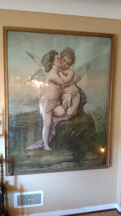 Massive painting of baby angels by Toledo artist Effie Doan late 1800's. 4'x4.5' This one is under glass. Both appear to be painted on silk 