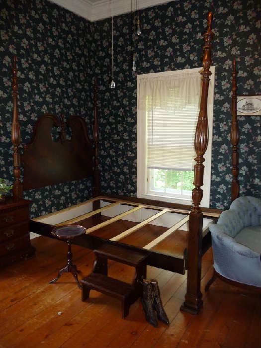 FOUR POSTER BED, STEPS, ANTIQUE BOOTS