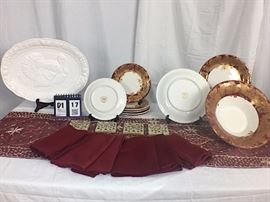 Z Gallerie Ceramici set includes 6) small 9" plates and 6) large 12" plates, 14" Serving bowl, 18" Turkey Platter, 6) Maroon linen napkins, Beaded 6ft table runner, Cloth and 4) stone coaster set.