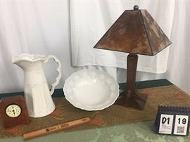Stickley 9' rectangle cloth, 7' Table runner, 13 " White Arte Italica Pitcher and bowl set, 6" Stickley Bracket clock, 21" Stickley desk lamp