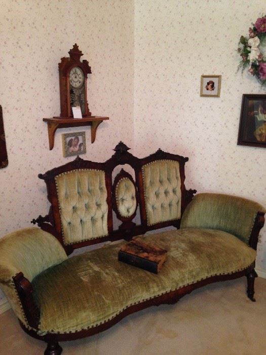 Unique Victorian settee; antique mantel clock