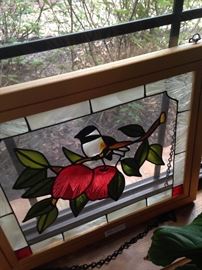 Bird & apple framed stained glass