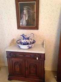 Marble top antique washstand; blue & white bowl & pitcher