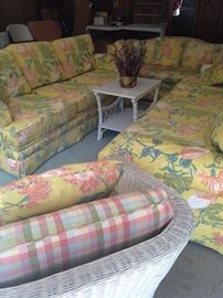 Two Henedon matching sofas with coordinating love seat; small white wicker table