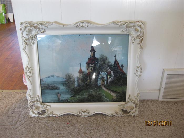 Beautiful reverse painted picture in original frame.