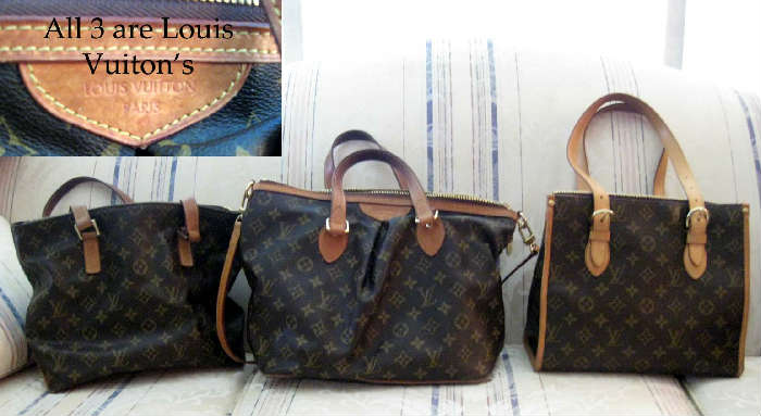 (3) Louis Vuitton purses in very good condition, one owner.  Will take bids at the checkout table.  Grab a bid paper, jot down your bid and give to checkout lady.  Highest bid called on Sunday noon.  LEAVE YOUR PHONE NUMBER.