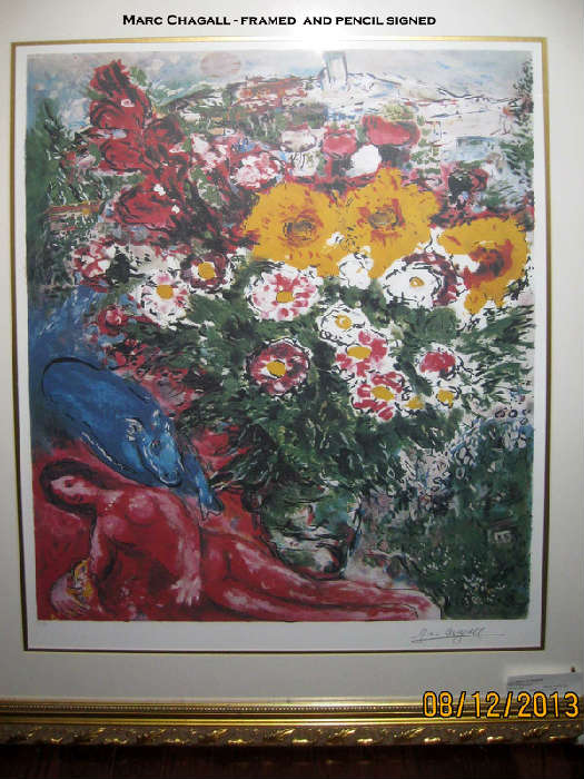 #115 Marc Chagall
Musical Bouquet
Offset Lithograph
Edition: IX/D                       

Born in Vitebsk, Russia in 1887, Chagall moved to Paris in 1910 where he was influenced by the Fauvists and Cubism. He went on to develop his own unique style becoming one of the major contributors to Surrealism. His primary theme has always been Jewish life and folklore in which he incorporated flower and animal symbols in unusual juxtapositions, with forms floating rather insecurely in space, his color very rich and evocative of peasant life. Chagall died in 1985 following a career that spanned eight decades and included the creation of more than 1,000 fine art prints. Among his best-known works are 'Les Ames Mortes' by Gogol, 'Les Fables de la Fontaine' and 'La Bible'.