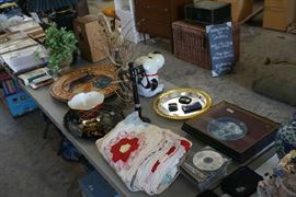 Decorative items, dog treat jar, old quilt