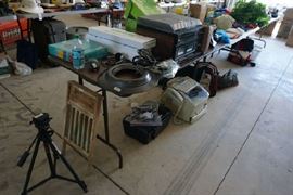 Turntable and cassett player, fax machine, scanner. tripod, rub board