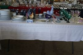 Dansk dinnerware, blue stemware, blue willow, roosters, matching wine glasses & cheese plate