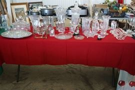 Crystal vases, serving plates, Salem SP wine glasses in rear.