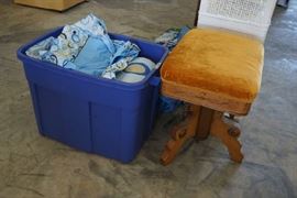 Piano/organ stool, baby bed bumpers and linens.