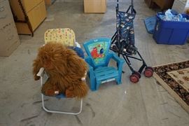 Kids chairs, stroller and chimp