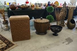 wicker hamper, decorative items large and small.