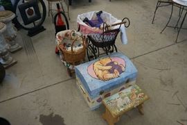 Pooh chest, stool, doll carriages and doll.
