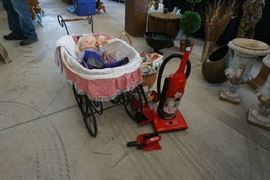 Doll carriages and doll, toy vac